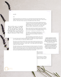 An image of four white documents with black text against a neutral beige and grey background with a few sprigs of lavender.
