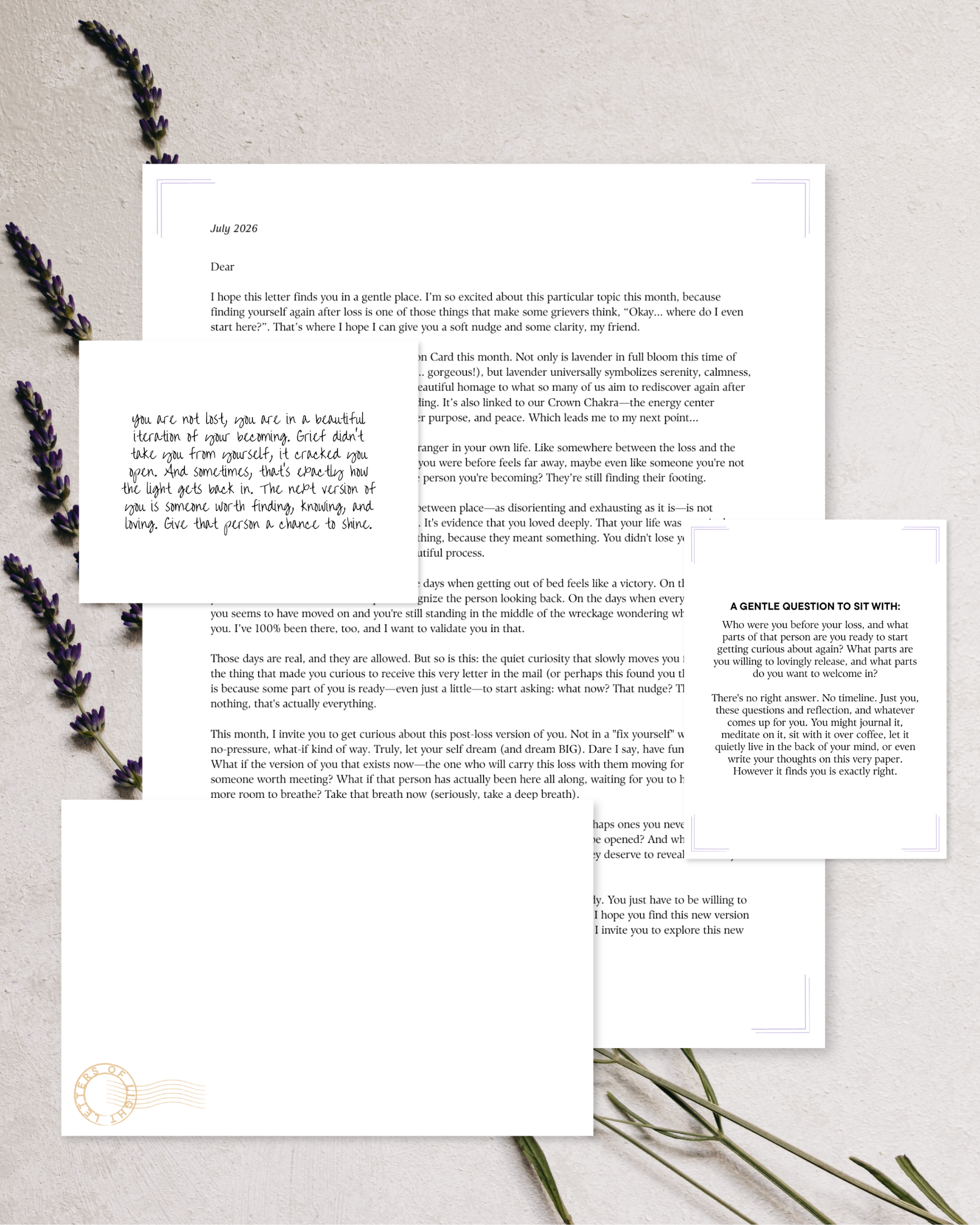 An image of four white documents with black text against a neutral beige and grey background with a few sprigs of lavender.