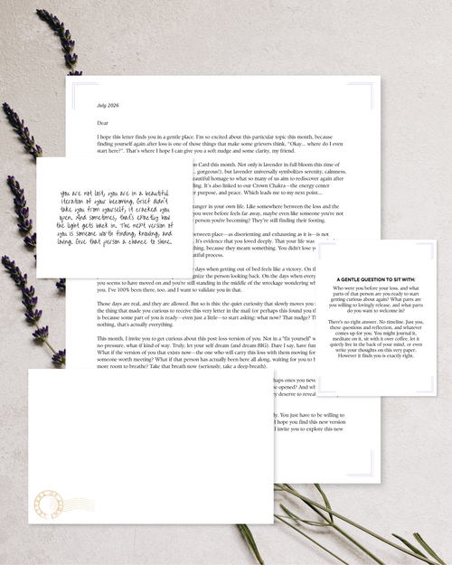 An image of four white documents with black text against a neutral beige and grey background with a few sprigs of lavender.
